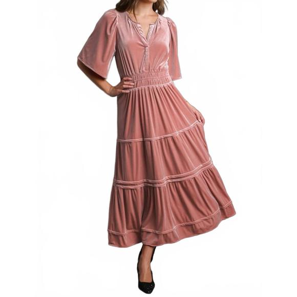 NEW UMGEE bliss velvet tiered maxi dress in rose quartz - Picture 1 of 5